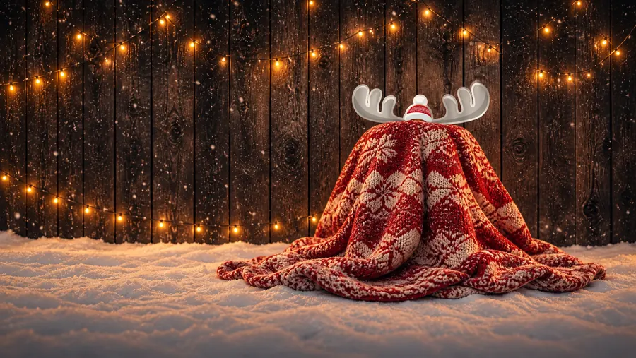De Winterhallen-eland zit verstopt onder een rood-witte gebreide deken in de sneeuw, voor een houten wand met lichtjes. Enkel het gewei en de muts steken uit.